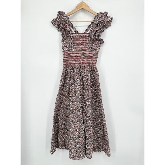 Anthropologie OPT Scilla Midi Dress Floral Ruffle V-Neck Smocked, Purple/ Red - Picture 7 of 11